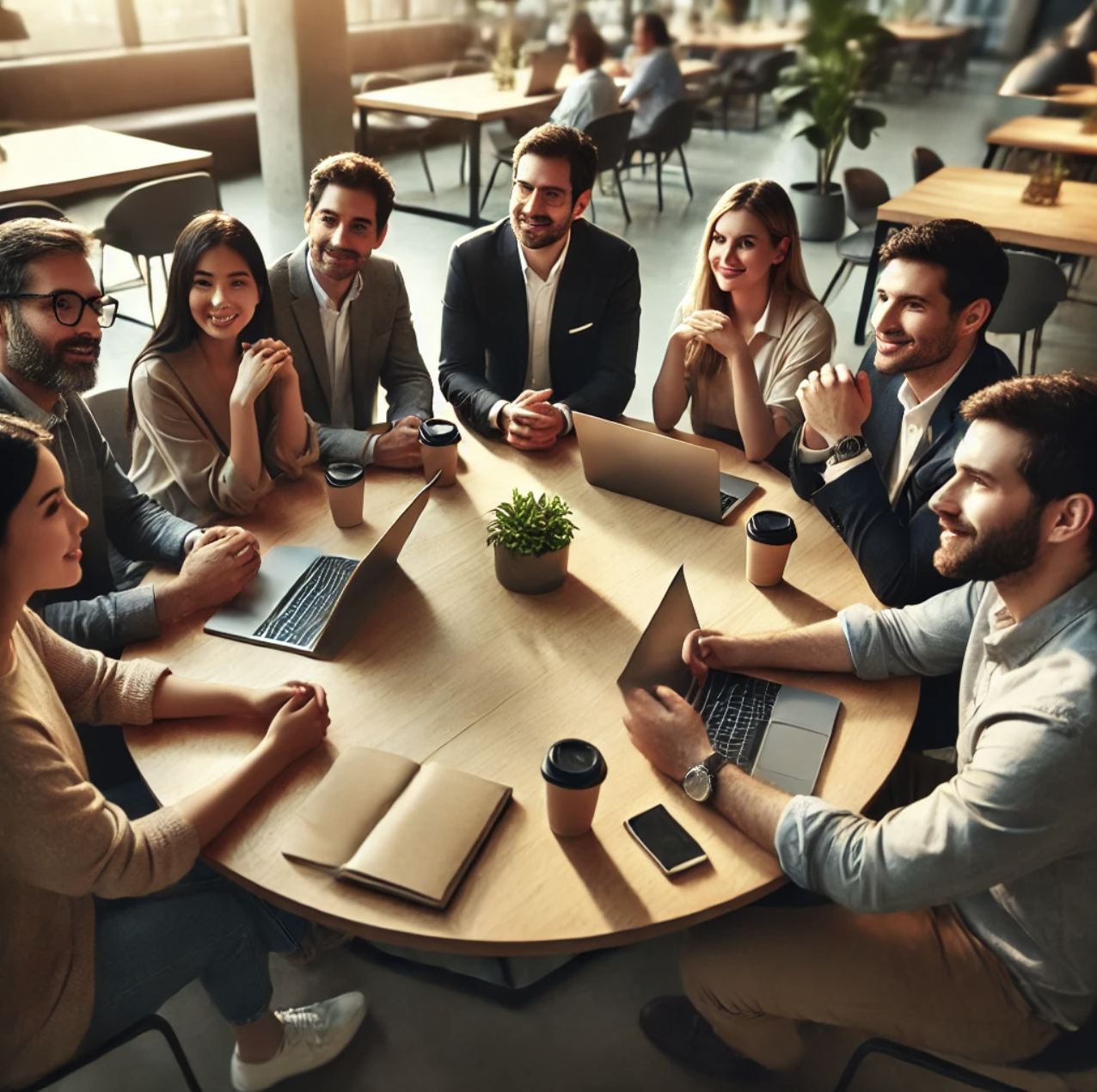 Diverse group of professionals engaged in authentic dialogue around a round table in a co-working space, symbolizing experiential learning, adaptive leadership, and collective intelligence in a real-world environment.